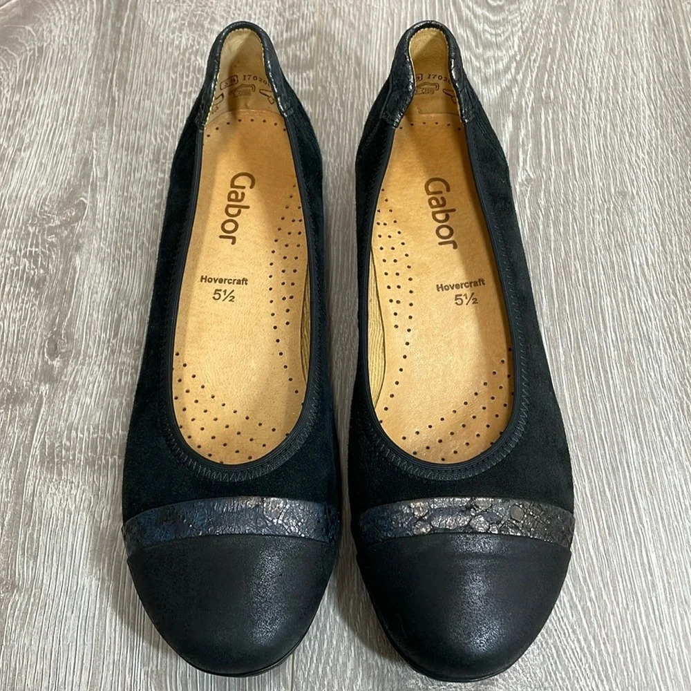 NWOT Gabor Hovercraft Black Leather Cap Toe Ballet Flats UK 5.5 (US 8)